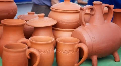 Handmade ceramic tableware is sold at the fair Stock Photos