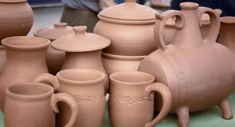 Handmade ceramic tableware is sold at the fair The fair sells handmade cer... Stock Photos