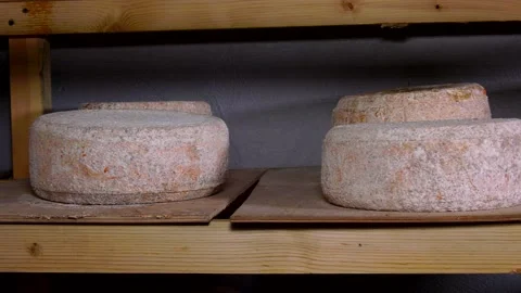 Handmade cheese of different sizes ripens in the storage of the cheese factory. Stock Footage 170957246