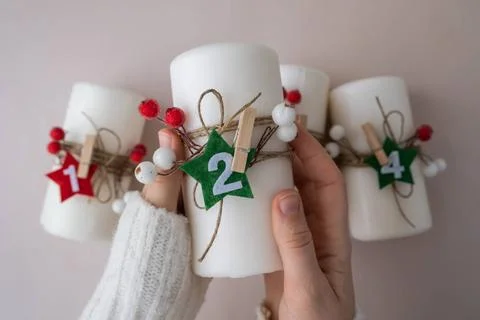 Handmade Christmas countdown advent four-week calendar. Festive holiday pr... Stock Photos
