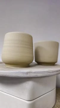 Handmade clay cups. In the process of preparation. Step by step guide. Stock Photos
