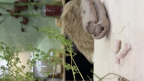 Handmade clay napkin rings in progress: natural clay, tools, and greenery on a w Stock Footage 314314967