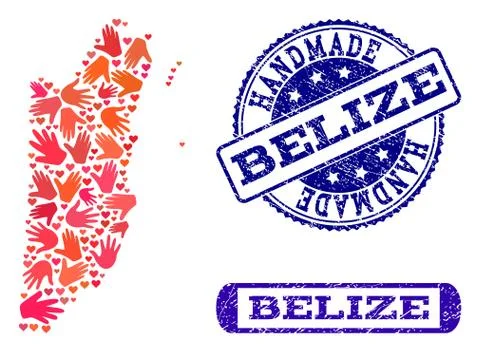 Handmade Collage of Map of Belize and Textured Stamps 스톡 일러스트