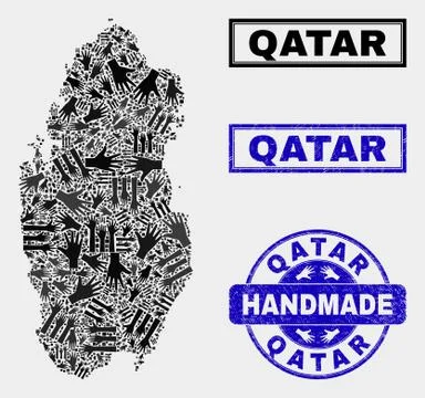 Handmade Collage of Qatar Map and Textured Stamp Stock Illustration