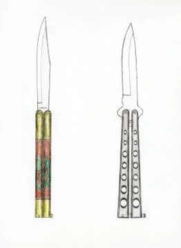 Handmade color drawing of contemporary folding butterfly knives collectibles Stock Illustration