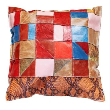 Handmade colorful patchwork leather throw pillow top view of handmade colo... Fotos de archivo