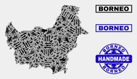 Handmade Composition of Borneo Map and Distress Seal Stock Illustration