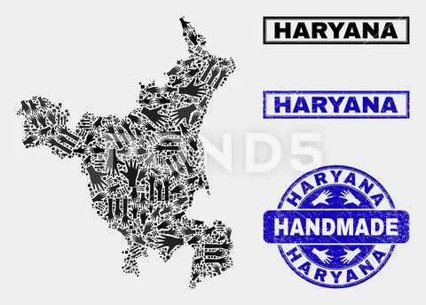 Vector Handmade Composition Of Haryana State Map And Scratched Watermarks.  Mosaic Haryana State Map Is Formed Of Scattered Hands. Blue Watermarks With  Scratched Rubber Texture. Royalty Free SVG, Cliparts, Vectors, and Stock