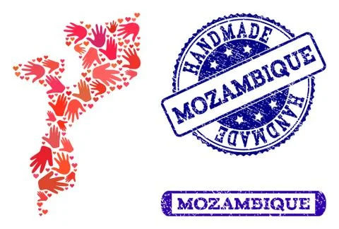 Handmade Composition of Map of Mozambique and Textured Seals Stock Illustration