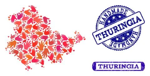 Handmade Composition of Map of Thuringia State and Grunge Stamps イラスト素材