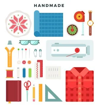 Handmade concept illustration. Tools and materials sewing and needlework. Vector Stock Illustration