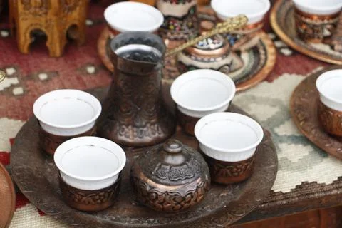 Handmade copper coffee set Stock Photos