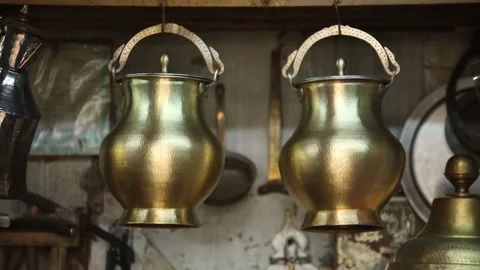 Handmade copper pots are waiting to be sold Video stock 145795137