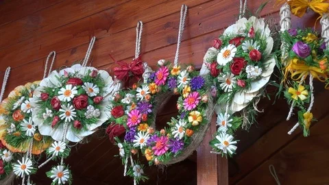 Handmade corn husk decorations on display at artisan’s fair Stock Footage 86940594