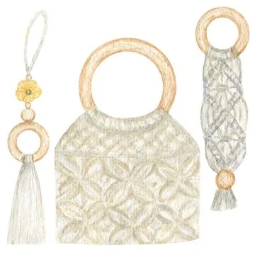 Handmade cotton bag macrame wall decor set Watercolor illustration on white イラスト素材