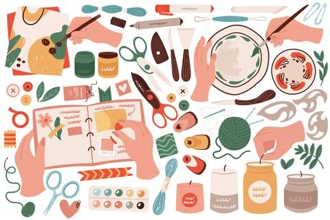 Handmade craft hobby set, hands holding scrapbook, pencil and brush to draw Illustration