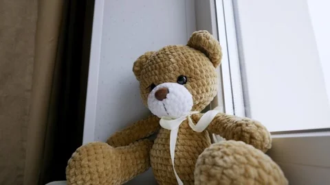 Handmade Crocheted Teddy Bear Sits on a Windowsill Stock Footage 324801350