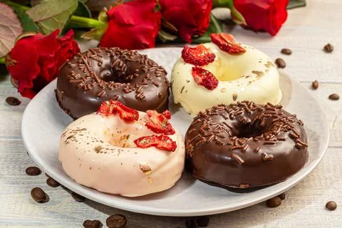 Handmade donuts on a light background in white and black chocolate. There are Фото
