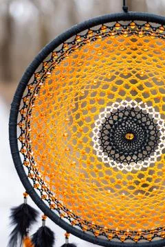 Handmade dream catcher with feathers threads and beads rope hanging Foto stock