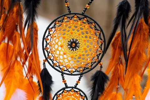 Handmade dream catcher with feathers threads and beads rope hanging Stock Photos