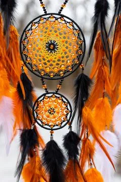 Handmade dream catcher with feathers threads and beads rope hanging Stock Photos