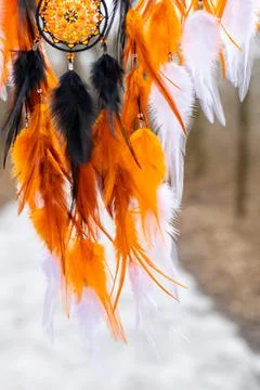 Handmade dream catcher with feathers threads and beads rope hanging Stock Photos