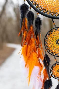 Handmade dream catcher with feathers threads and beads rope hanging Foto stock
