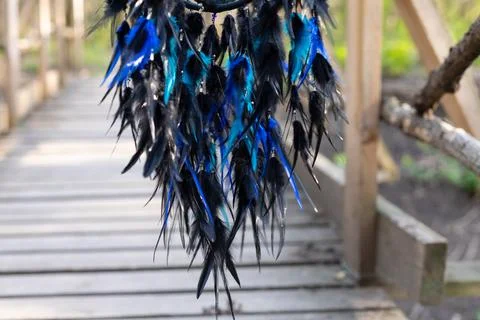 Handmade dream catcher with feathers threads and beads rope hanging Stock Photos