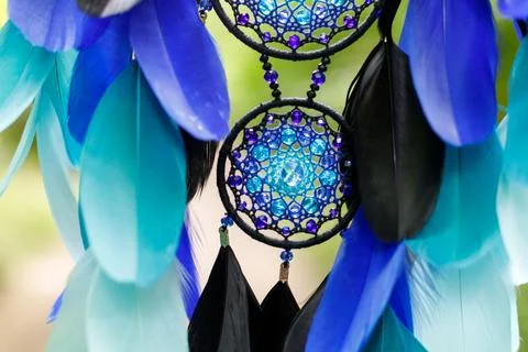 Handmade dream catcher with feathers threads and beads rope hanging Foto stock