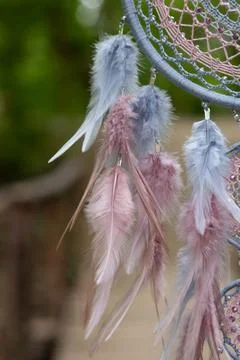 Handmade dream catcher with feathers threads and beads rope hanging Stock Photos