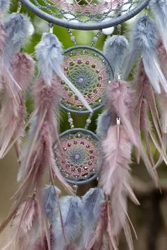 Handmade dream catcher with feathers threads and beads rope hanging Stock Photos
