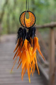 Handmade dream catcher with feathers threads and beads rope hanging Stock Photos