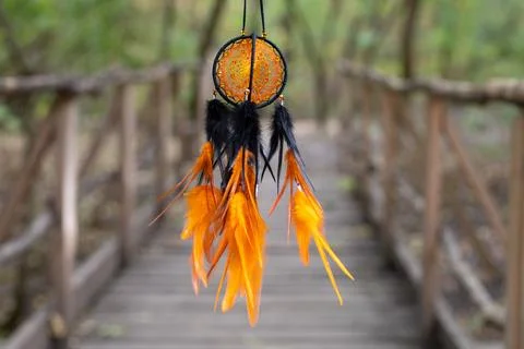 Handmade dream catcher with feathers threads and beads rope hanging Stock Photos