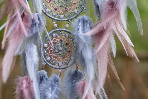 Handmade dream catcher with feathers threads and beads rope hanging Stock Photos