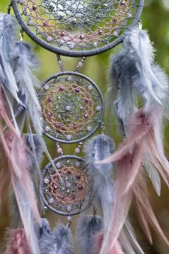 Handmade dream catcher with feathers threads and beads rope hanging Foto stock
