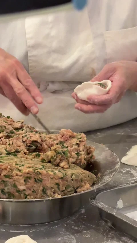 Handmade dumplings being filled and wrapped in kitchen close up Stock-Footage 335265490