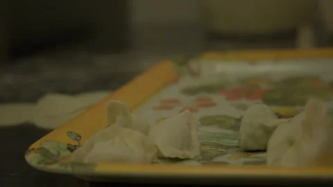 Handmade Dumplings Being Prepared on Tray in Beijing Street Food Kitchen Stock Footage 345882562