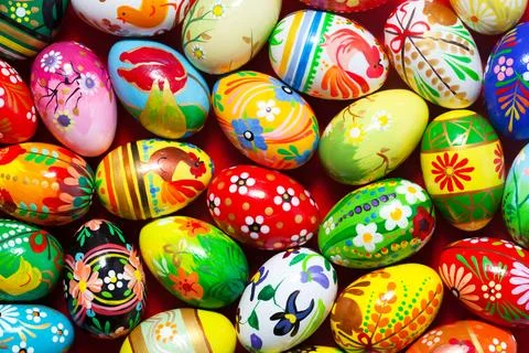Handmade Easter eggs background. Spring patterns art, unique. Stock Photos