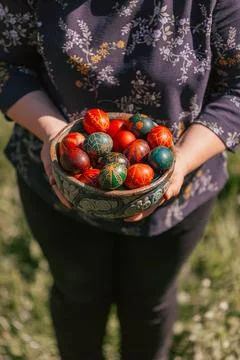 Handmade Easter Eggs in Bowl Stock Photos