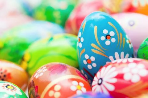 Handmade Easter eggs collection. Spring patterns art, unique. Stock Photos