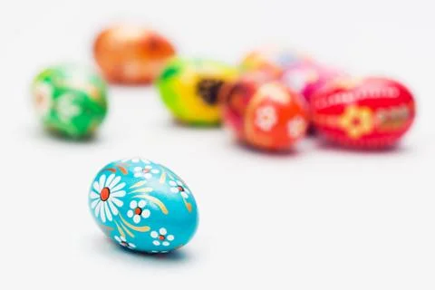 Handmade Easter eggs on white. Spring patterns art, unique. 스톡 사진