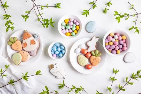 Handmade Easter gingerbread cookies and chocolate eggs. Stock Photos