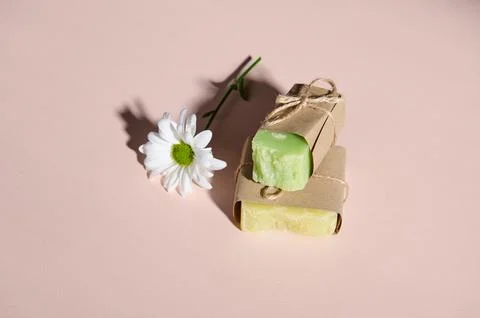 Handmade ecologically friendly soap bars with natural ingredients and chamomile Stock Photos