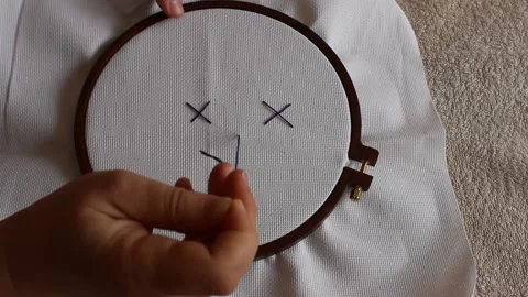 Handmade, embroidery on fabric using threads Stock Footage 151273474