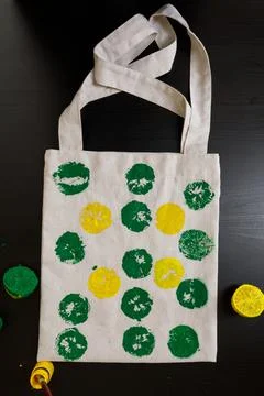 Handmade exclusive print pattern. diy Printing Stamps lemons on clothes. step-by Stock Photos