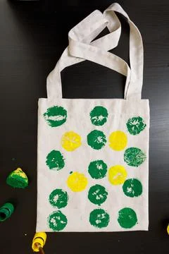 Handmade exclusive print pattern. diy Printing Stamps lemons on clothes. step-by Stock Photos