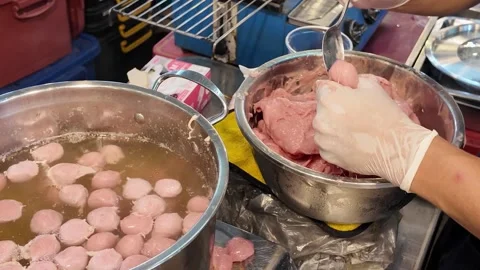 Handmade Fish Balls and Boiling Broth Phuket Thailand 4K Stock Footage 333389227
