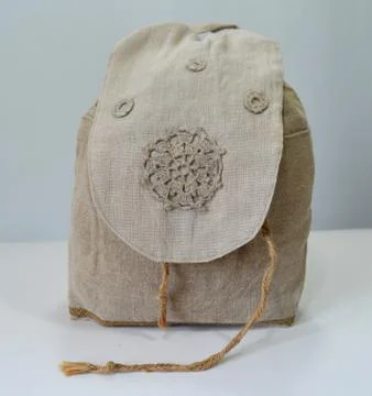 Handmade flax backpack Stock Photos