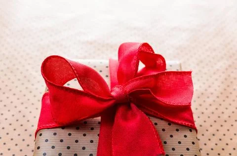 Handmade gift box Handmade gift box wrapped with craft paper and red bow C... Stock Photos