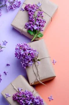 Handmade gift boxes wrapped in kraft brown paper decorated with purple lilac  Stock Photos
